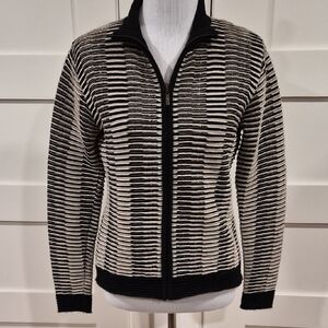 Black and White Striped Zip-Front Women's Cardigan Sweater